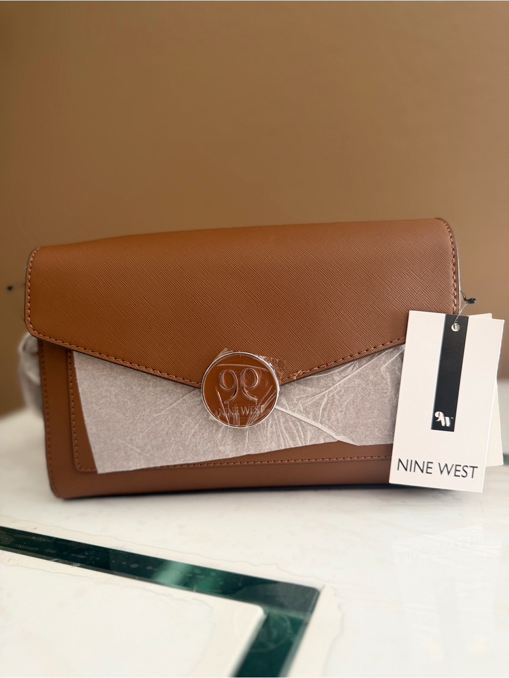 Nine West Tan Envelope Crossbody Bag with Logo Clasp
